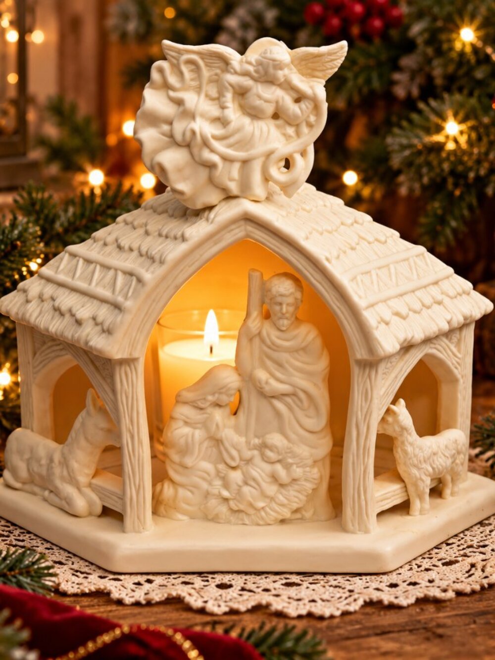 PartyLite O Little Town Nativity Bisque Porcelain Tealight Holder P7312 Retired